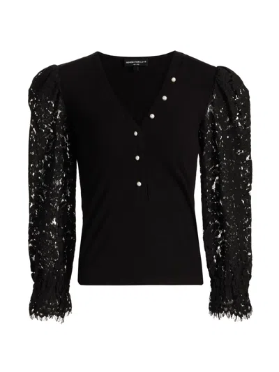 Generation Love Women's Mckenna Puff-sleeve Lace Henley In Black
