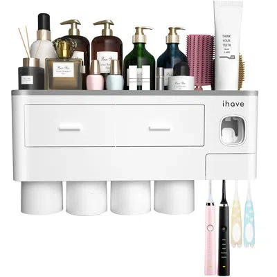 Generic Toothbrush Holders For Bathrooms, 4 Cups Toothbrush Holder Wall Mounted With Toothpaste Dispenser In White