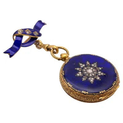 Pre-owned Geneva Victorian Blue Enamel Diamond 18k Yellow Gold Pocket Watch Pin