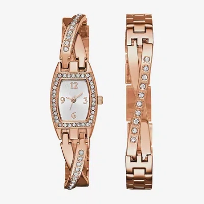 Geneva Womens Rose Gold-tone Bangle Watch Boxed Set