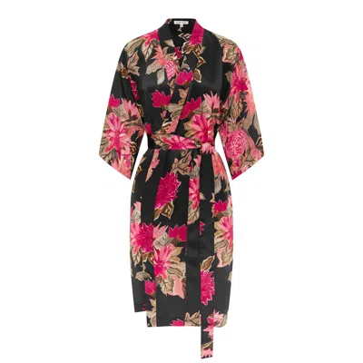Genevie Women's Black / Pink / Purple Coraline Silk Kimono Robe In Black/pink/purple