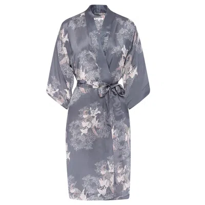 Genevie Women's Grey Sweet Peas Silk Kimono Robe