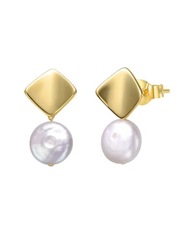 Genevive Sterling Silver 14k Yellow Gold Plated With White Coin Pearl Double Dangle Square Earrings