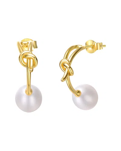 Genevive Sterling Silver 14k Yellow Gold Plated With White Pearl Love Knot Half-hoop Earrings