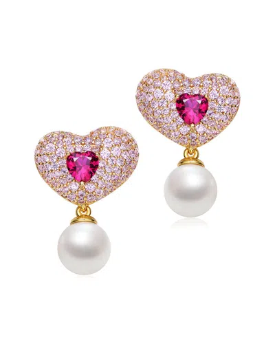 Genevive 18k Over Silver 8mm Pearl Cz Earrings In Pink