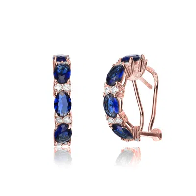Genevive 18k Rose Gold Plated With Emerald & Diamond Cubic Zirconia Half Hoop Earrings In Sterling Silver In Blue