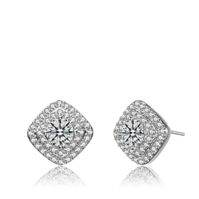 Genevive Classic 14k Gold Plated Halo Stud Earrings In White