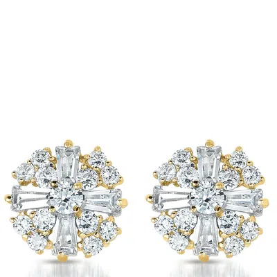 Genevive Cubic Zirconia Sterling Silver Round Baguette Earrings In Gold