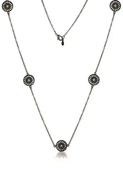 Genevive Jewelry Women's Black / White Cubic Zirconia Sterling Silver Black Plated Round Five Station Necklace In Multi