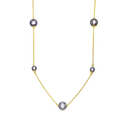 Genevive Jewelry Women's Black / White / Gold Sterling Silver Gold Plated Clear & Black Cubic Zirconia Long Necklace In Multi