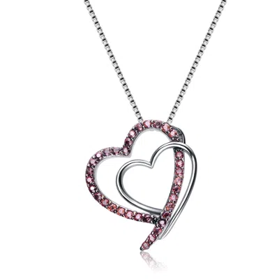 Genevive Jewelry Women's Black / White / Silver Sterling Silver Black Cubic Zirconia Double Heart Necklace In Multi