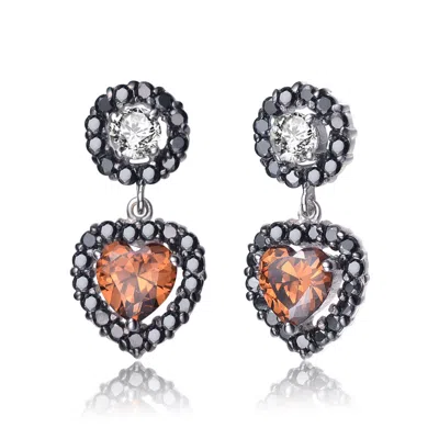 Genevive Jewelry Women's Black / White / Silver Sterling Silver Clear & Copper Cubic Zirconia Heart Drop Earrings In Multi
