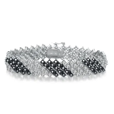 Genevive Jewelry Women's Black / White Sterling Silver Black Cubic Zirconia Bracelet With Rows Of Stones In Multi