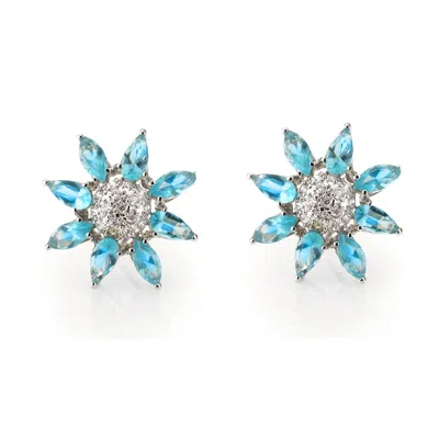 Genevive Jewelry Women's Blue / White / Silver Cubic Zirconia Sterling Silver Rhodium Plated Blue Topaz Flower Shape  In Multi