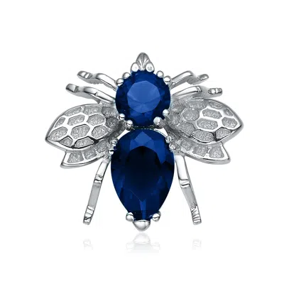 Genevive Jewelry Women's Blue / White / Silver Sapphire Cubic Zirconia Sterling Silver White Gold Plated Bee Pin In Multi