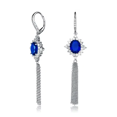 Genevive Jewelry Women's Blue / White / Silver Sterling Silver Deep Blue Cubic Zirconia Tassel Earrings In Multi