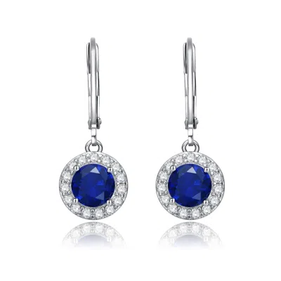 Genevive Jewelry Women's Blue / White White Gold Plated Sapphire Cubic Zirconia Halo Drop Dangle Earrings In Multi