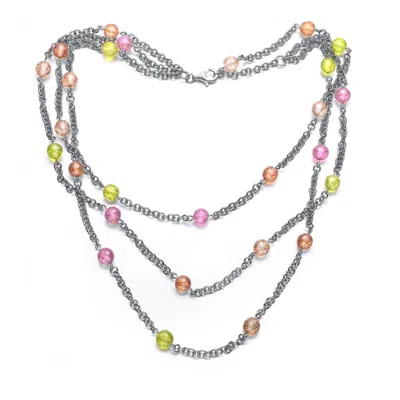 Genevive Jewelry Women's Cubic Zirconia Sterling Silver White Gold Plated Three Row Multi Color Ball Necklace