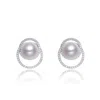 Genevive Jewelry Women's Cubic Zirconia Sterling Silver White Gold Plated With Round Pearl Earrings In White