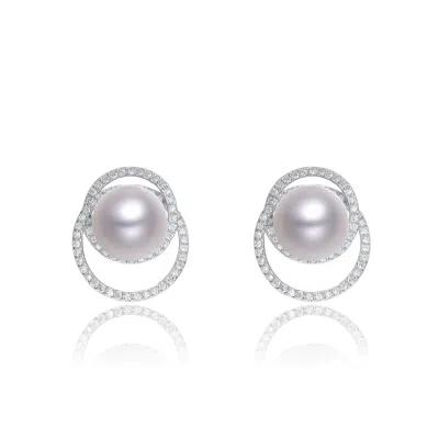 Genevive Jewelry Women's Cubic Zirconia Sterling Silver White Gold Plated With Round Pearl Earrings