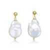 Genevive Jewelry Women's Genevive Elegant Sterling Silver Gold Plating & Genuine Freshwater Pearl Dangling Earrings In Gold