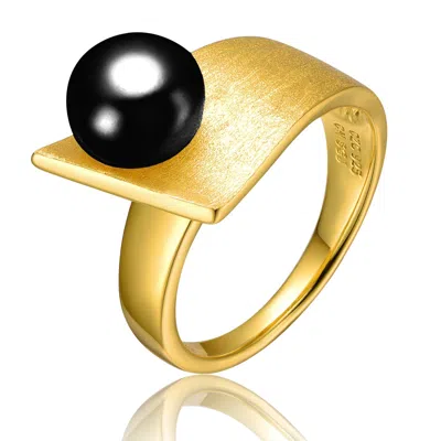 Genevive Jewelry Women's Genevive Sterling Silver Gold Plated With Black Genuine Freshwater Pearl Linear Ring