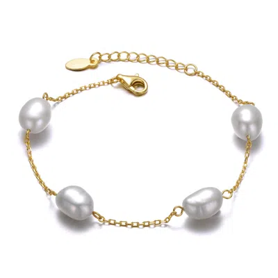 Genevive Jewelry Women's Genevive Sterling Silver Gold Plated With Gray Freshwater Pearl Station Bracelet With Adjust