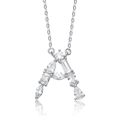 Genevive Jewelry Women's Genevive Sterling Silver White Gold Plated With Clear Cubic Zirconia Initial Necklace