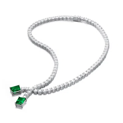 Genevive Jewelry Women's Genevive Sterling Silver White Gold Plated With Emerald Green Cubic Zirconia Two-stone Colla
