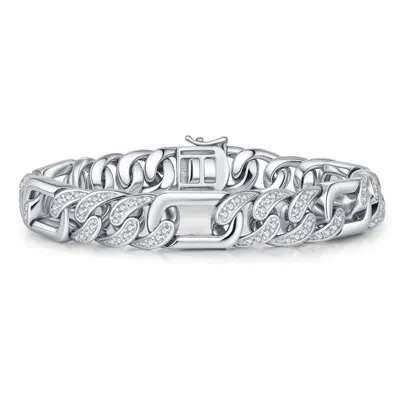 Genevive Jewelry Women's Genevive Sterling Silver White Gold Plated With Iced Out Cubic Zirconia Oblong Curb Chain Br In Gray