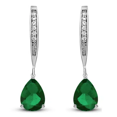 Genevive Jewelry Women's Genevive Sterling Silver White Gold Plating With Pear-shaped Cubic Zirconia Dangle Earrings  In Green
