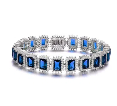 Genevive Jewelry Women's Genevive Sterling Silver With Sapphire Blue Cubic Zirconia Rectangular Halo Cluster Link Vin
