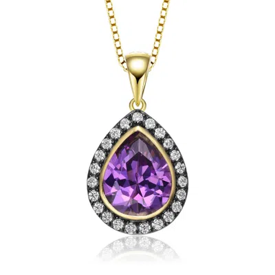 Genevive Jewelry Women's Gold / Black / Pink Gold Plated Teardrop Shaped Purple Cubic Zirconia Pendant Necklace