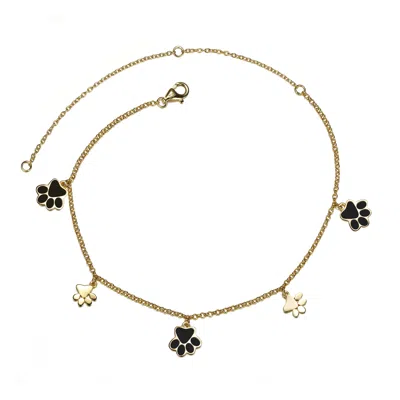 Genevive Jewelry Women's Gold / Black Sterling Silver Gold Plated Enamel Puppy Paw Dangle Charm Anklet, Adjustable Le In Multi