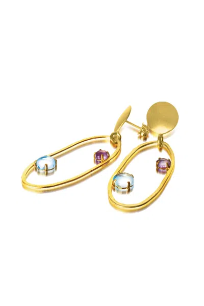 Genevive Jewelry Women's Gold / Blue Gold Overlay Blue Cubic Zirconia Accent Open Circle Earrings In Multi