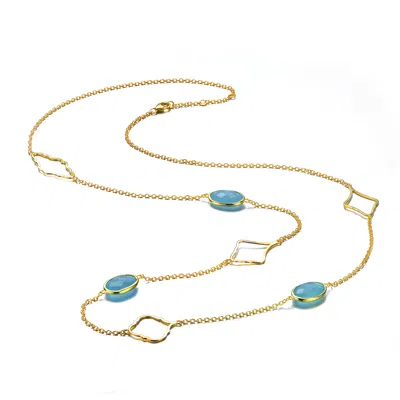 Genevive Jewelry Women's Gold / Blue Sterling Silver Light Blue Cubic Zirconia Double Necklace In Multi