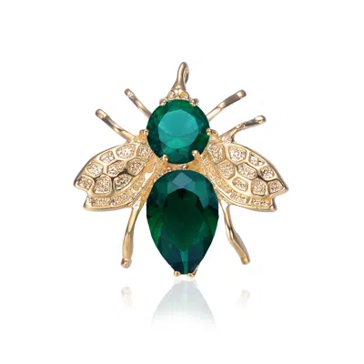 Genevive Jewelry Women's Gold / Green / White Emerald Cubic Zirconia Sterling Silver Gold Plated Bee Pin In Multi