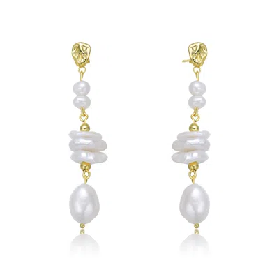 Genevive Jewelry Women's Gold / White Brigitte Golden Pearl Chain Drop Earrings In Multi