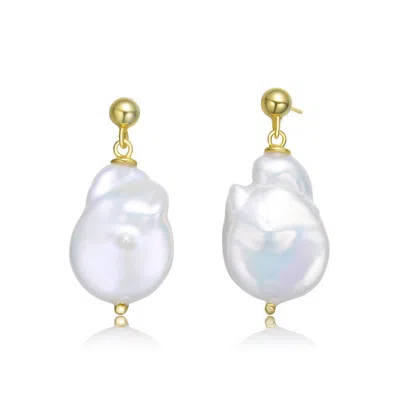 Genevive Jewelry Women's Gold / White Classic Sterling Silver Gold Plated Freshwater Pearl Dangling Earrings In Multi
