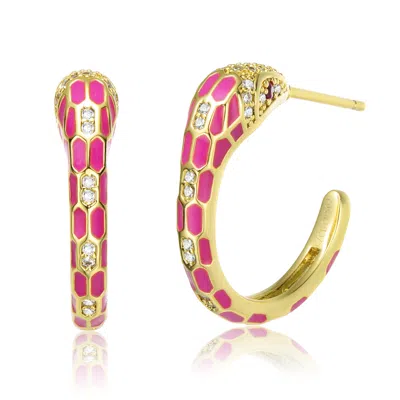 Genevive Jewelry Women's Gold / White / Pink Yellow Gold Plated With Clear Cubic Zirconia Pink Enamel Python Snake C- In Multi