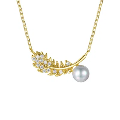 Genevive Jewelry Women's Gold / White Rachel Glauber Gold Plated With Cubic Zirconia & Faux Pearl Fern Leaf Pendant N In Multi