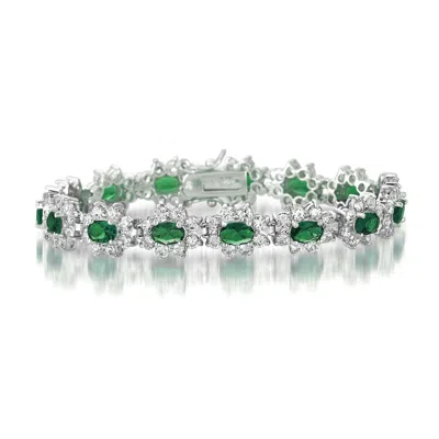 Genevive Jewelry Women's Green / White Sterling Silver Cubic Zirconia Bracelet With Green Stones In Multi