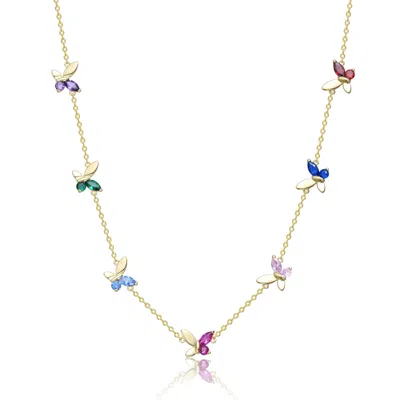 Genevive Jewelry Women's Rachel Glauber Gold Plated With Multi Colored Cubic Zirconia Butterfly Necklace In Yellow