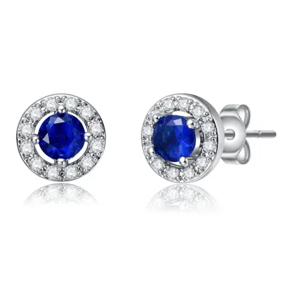 Genevive Jewelry Women's Rachel Glauber Rhodium Plated With Sapphire Blue Round Cubic Zirconia Halo Stud Earrings