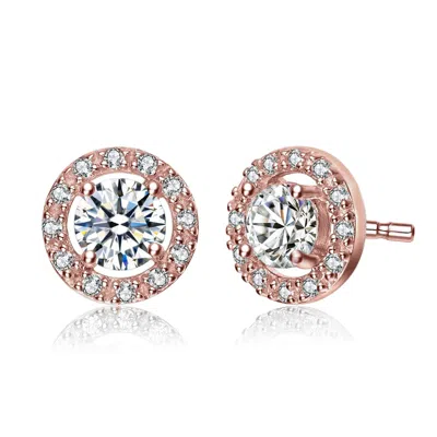 Genevive Jewelry Women's Rachel Glauber Rose Gold Plated With Clear Round Cubic Zirconia Halo Stud Earrings