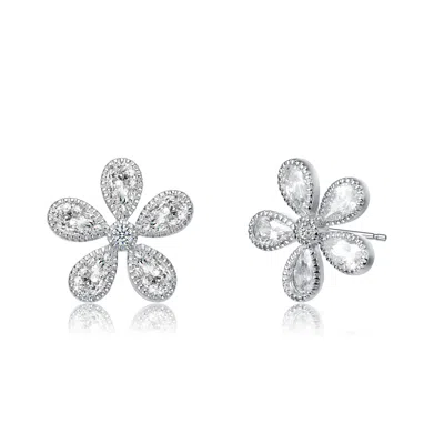 Genevive Jewelry Women's Rachel Glauber White Gold Plated With Cubic Zirconia Blooming Flower Stud Earrings