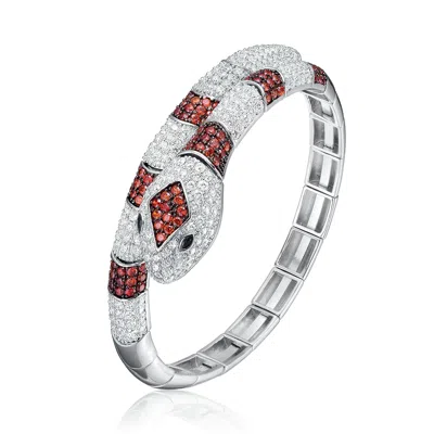 Genevive Jewelry Women's Red Genevive Sterling Silver White Gold Plated With Cubic Zirconia Serpent Bracelet
