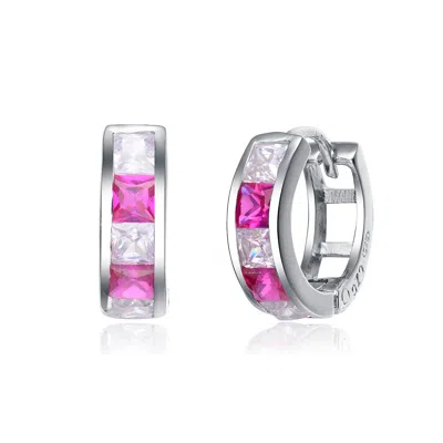 Genevive Jewelry Women's Red / Silver White Gold Overlay Red Cubic Zirconia Small Hoop Earrings