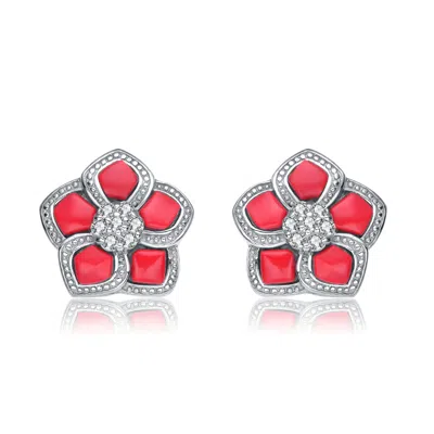 Genevive Jewelry Women's Red / Silver / White Sterling Silver Cubic Zirconia Coral Flower Earrings In Multi