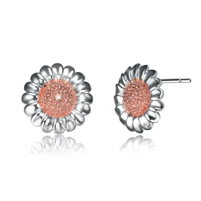 Genevive Jewelry Women's Rose Gold / Silver Sterling Silver With Clear Cubic Zirconia Two Tone Sunflower Earrings In Metallic